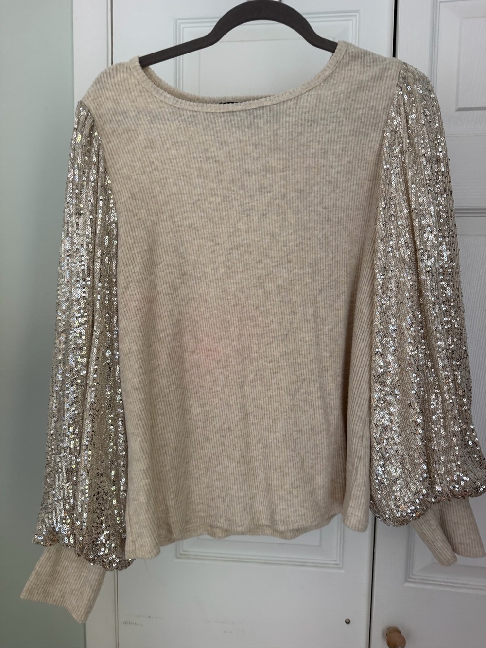 Sequined Balloon Sleeve Ribbed Knit 2 Piece Set - Beige & Silver